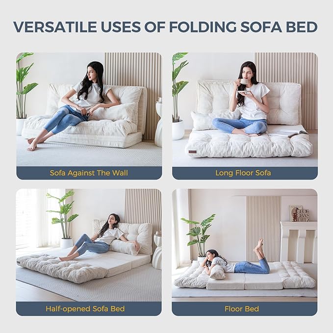MAXYOYO Bean Bag Bed Tufted Folding Sofa Bed with Pillows Floor Mattress for Adults, Extra Thick and Long Floor Sofa, Twin Floor Couch Bed for Bedroom Living Room, Beige, 39x91 Inch