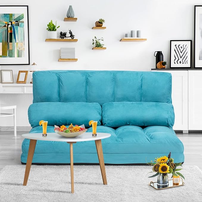 KOMFOTT Adjustable Floor Sofa Bed, Foldable Lazy Sofa Sleeper with 6 Position Backrest & 2 Pillows, Convertible Futon Couch with Suede Cloth Cover, Lounge Recliner for Living Room
