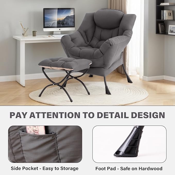 Tiita Lazy Chair with Ottoman, Modern Large Accent Lounge Chair, Leisure Sofa Armchair with Ottoman, Reading Chairs with Footrest for Bedroom, Living Room, Dorm Rooms, Garden