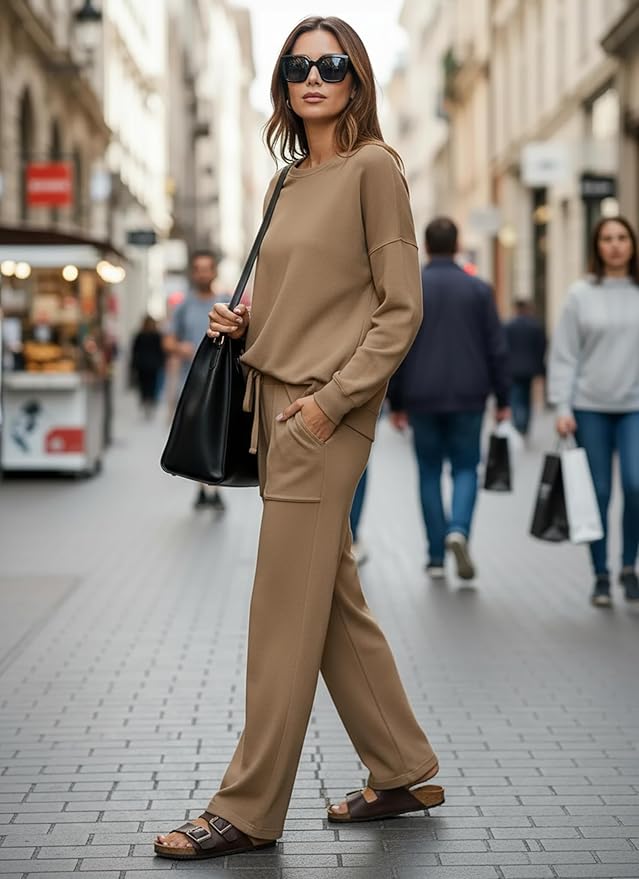 ETCYY NEW Lounge Sets for Women 2 Piece Outfits with Side Split Sweatshirt Tops and Wide Leg Sweatpants