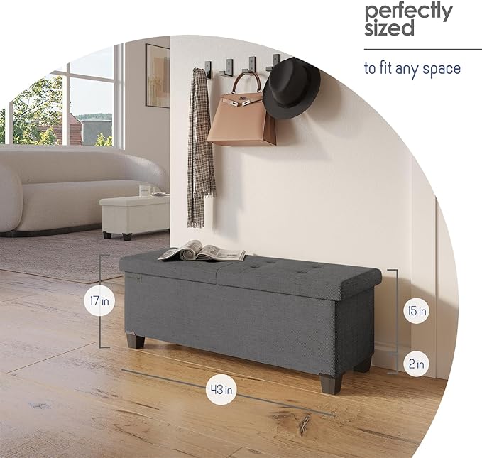 Storage Ottoman Bench with Bins, 43-in Storage Bench for Bedroom End of Bed, Folding Foot Rest Ottoman for Living Room Max 660lbs, Fabric Ottomans, Grey