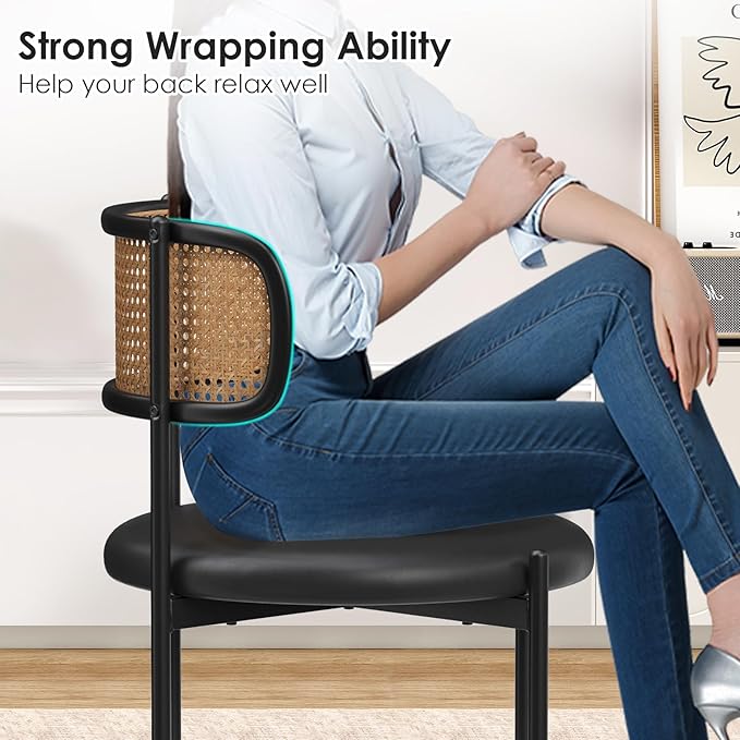 Farini Dining Chairs Set of 4, PU Leather Upholstered Seat with Woven Rattan Back, Sturdy Metal Legs Modern Side Chairs for Kitchen Living Room Restaurant, Black