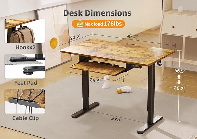 YDN Standing Desk, Height Adjustable Computer Desk with Keyboard Tray, 48 Inch Rustic Brown Ergonomic Desk for Home Office and Gaming