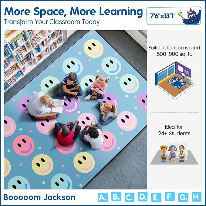 Booooom Jackson 7'6''x13' Pastel Smileys Classroom Rug for Kids Room Seating Décor - Thick Nylon Large Preschool Carpet Daycare Rug for Teaching & Playroom, Non-Slip &No Triping,20X Stain Resistance