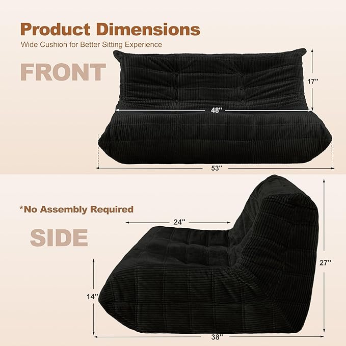 Bean Bag Chair,Giant Beanbag Chairs for Adults,Comfy Large Fireside Chair Lazy Sofa,Corduroy Bean Bag Lounger with Memory Foam Filled,Floor Sofa Couch for Home,Living Room (Black, Loveseat)