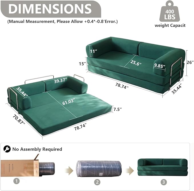 79" Convertible Sleeper Sofa Bed with Cylindrical Pillow, Corduroy Folding Mattress Couch with Fixed-Shape Frame, Floor Sofa Lounge Couch for Living Room Bedroom Lounge Studio (Green)