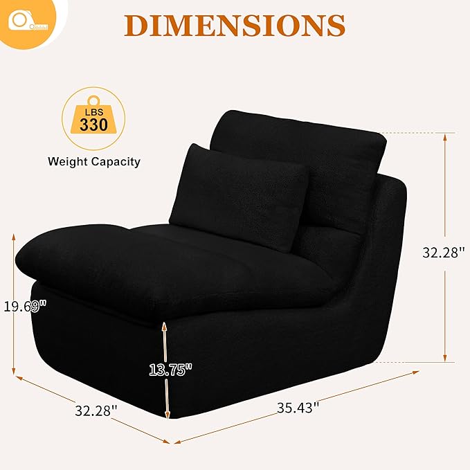 Boneless Single Sofa – 32” Teddy Plush Frameless Lounge Chair with High-Density Foam Support – No Assembly, Cloud Couch for Living Room, Bedroom, & Apartment (Black)