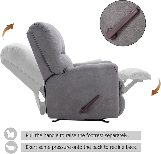 CANMOV Rocker Recliner Chair for Adults,Manual Recliner Chair with Overstuffed Backrest and Armrests, Soft Fabric Manual Rocking Reclining Sofa for Living Room,Grey