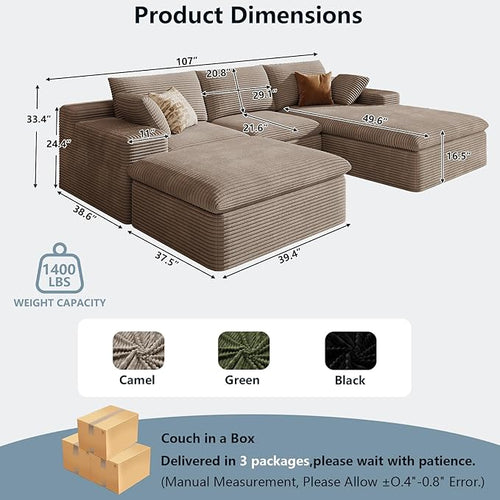107" Cloud Sectional Couch with U-Shaped Chaise,Viral Corduroy Boneless Sofa with Ottoman,Memory Foam Couches in a Box with Deep Seat for Living Room,No Assembly Required (Camel,Right-Facing Chaise)