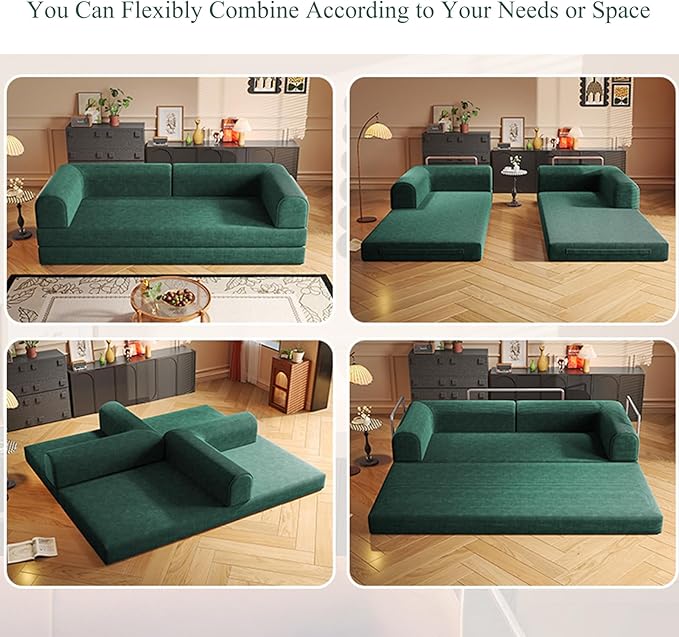 Convertible Sleeper Sofa Bed Boneless Cloud Comfort Green Futon Couch for Lounging & Sleeping, Removable & Washable Corduroy Sofa Cover, Floor Sofa Folding Mattress for Guests, Small Space