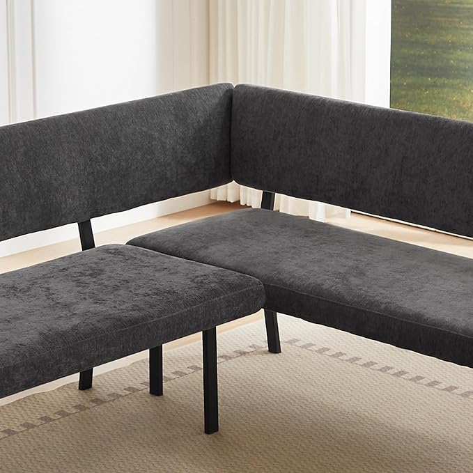 Modern L-Shaped Dining Bench, 67 Inch Fabric Upholstered Corner Sofa with Metal Legs for Kitchen Nook, Living Room, Dining Room (Grey)