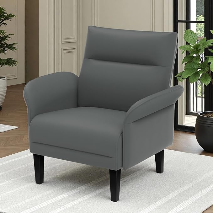 2-Pack Faux Leather Accent Sofas, Symmetrical Shawl Armchairs with Wide Armrests & Wooden Legs, Gray Sofa Chairs Set for Bedroom, Living Room, Compact Spaces
