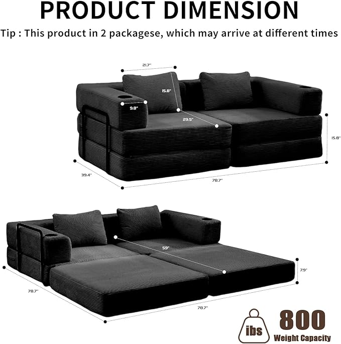 78" Loveseat Sleeper Sofa, 4 in 1 Convertible Floor Sofa Bed, Boneless Cloud Couch with Cup Holder, Fold Out Floor Couch for Living Room Bedroom Lounge, Corduroy, Black
