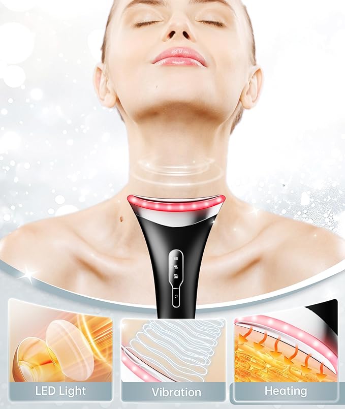 7 Color Light Therapy Facial Massager with Adjustable Vibration and Thermals for Wrinkles, Double Chin, Red Light Skin Care Tool with Base, Black