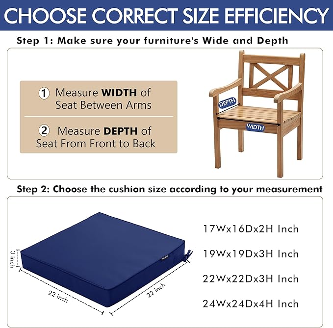 Outdoor Chair Cushions 22 x 22 Inch Waterproof Patio Chair Cushions with Tie 5 Year Color Fastness Thick Outdoor Seat Cushion for Garden Lawn Patio Furniture Navy Set of 2