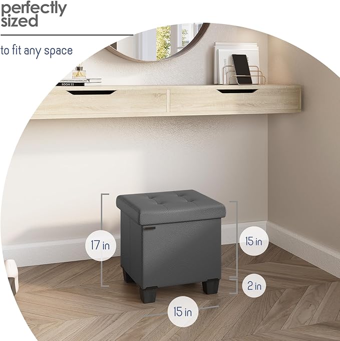 Storage Ottoman Cube with Small Bin, 16-in Square Ottoman with Storage for Living Room and Bedroom, Small Ottomans Foot Rest, Faux Leather Foot Stools Ottomans Max 330lbs, Grey