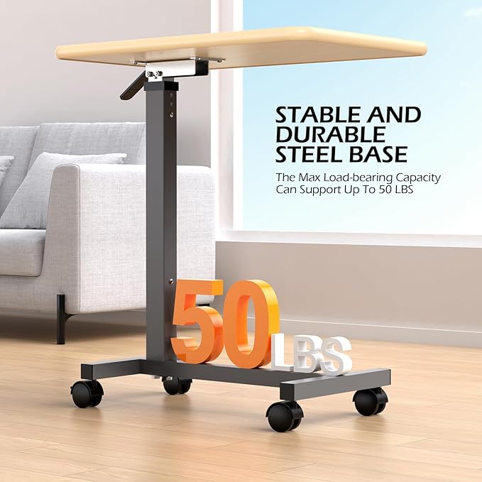 WOTURE Adjustable Overbed Table with Wheels, Bedside Rolling Table, Pneumatic Height Adjustment, Hospital Bed Table on Wheels, Standing Desk, Bedridden & Mobility Needs, Maple