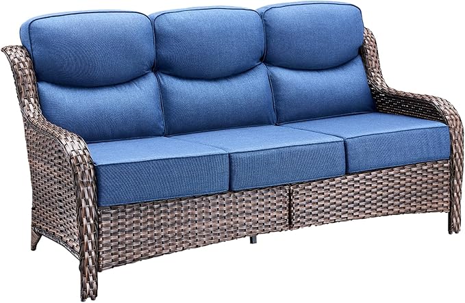 Pugire 71'' Patio Couch Outdoor Wicker Sofa, Heavy Duty All-Weather Rattan 3-Seater Sofa with Deep Seating and Removable Cover, Outdoor Patio Furniture for Deck Porch Sunroom Backyard Brown/Blue