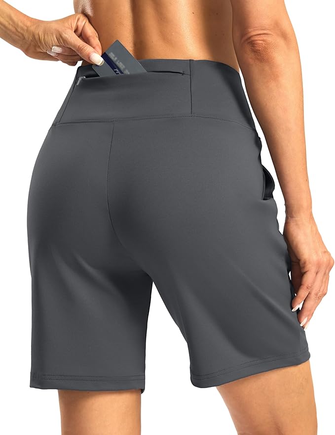 Women's Athletic Shorts with Zipper Pocket 7" High Waisted Stretchy Bermuda Shorts for Women Workout Running Casual