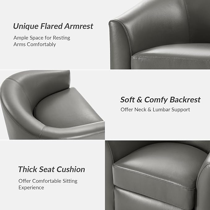 HULALA HOME Genuine Leather Swivel Accent Chairs Set of 2 with Solid Wood Base, Round Swivel Barrel Chairs for Living Room and Bedroom, No Assembly Required, Grey