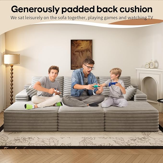 Oversized Lounge Chaise,Cloud Plush Sofa Bed,Upholstered Boneless Cloud Sofa Deep Seat,No Assembly Required,Modern Corduroy Sleeper 3 Seater Chair for Living Room Bedroom Reading,Grey