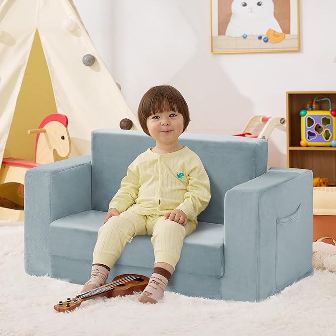 Kids Couch, 2-in-1 Toddler Chair Comfy 1-3 Years, Convertible Kids Chair, Toddler Couch That Fold Out, Kid Lounge Chairs for Boys and Girls, Soft Coral Fleece, Double, Blue