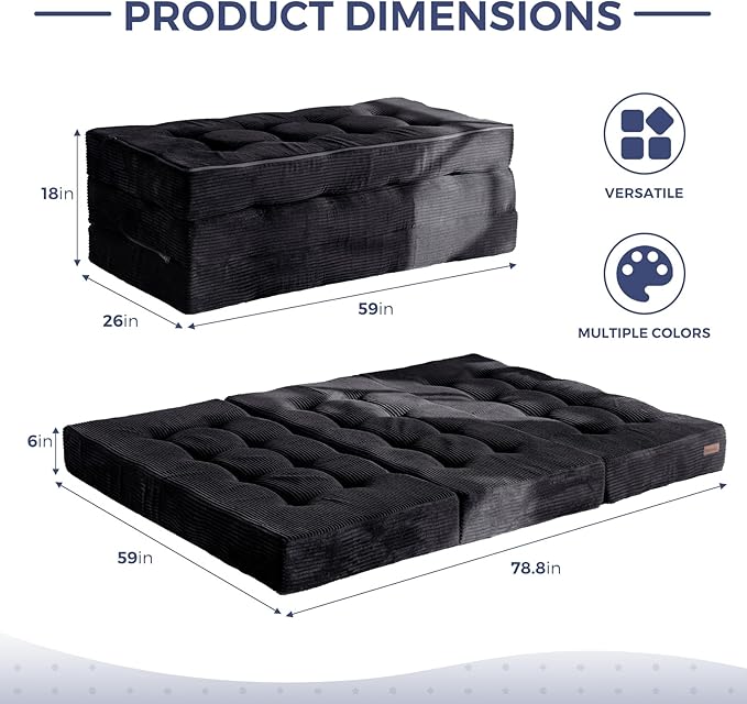MAXYOYO Tri-Fold Mattress, 6 Inch Tufted Folding Futon Foam Bed, Foldable Floor Mattress Guest Bed Futon Topper Portable Camping Sleeping with Corded Fabric, Black, 59"x79"