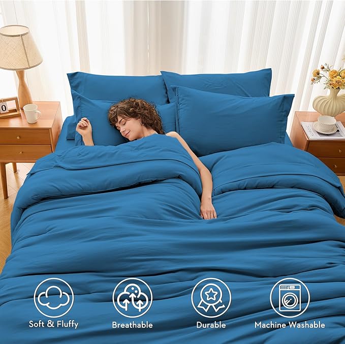 MUXHOMO 5 Pieces Twin Comforter Set, Soft Bed in a Bag Twin Size, All Season Bedding Set with Comforter, Flat Sheet, Fitted Sheet, Pillowcases & Shams, Bluish Green