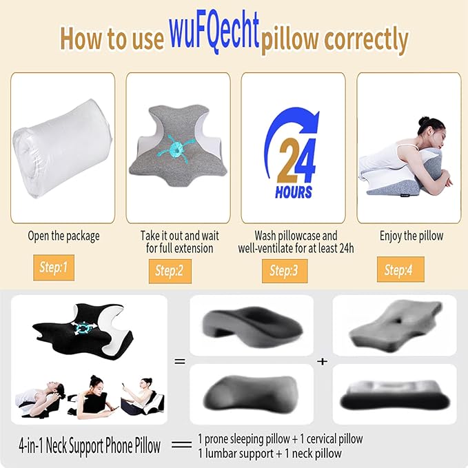 wuFQecht Bed Rest Reading Pillow，Neck&Chin and Back Support Pillow，Headboard Wedge Pillow，Ergonomic Memory FoamLying, Reclining, and Prone Sleepers，Sitting up Pillow，Relieve Neck/arm Pain-Black