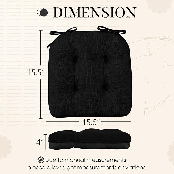 Basic Beyond Chair Cushions for Dining Chairs 4 Pack, Chair Cushion with Ties and Non Slip Backing, 15.5 x 15.5 inches Tufted Chair Pads for Dining Chairs(Black)