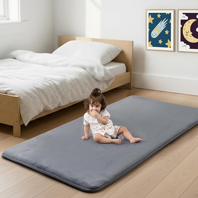 PaPaMat 1.3" Thick Baby Bedside Floor Mat for Bedroom, Basic Padded Foam Soft Plush 28x72 Runner Rug with Non Slip Cushioned for Nursery Playroom (Dark Grey)