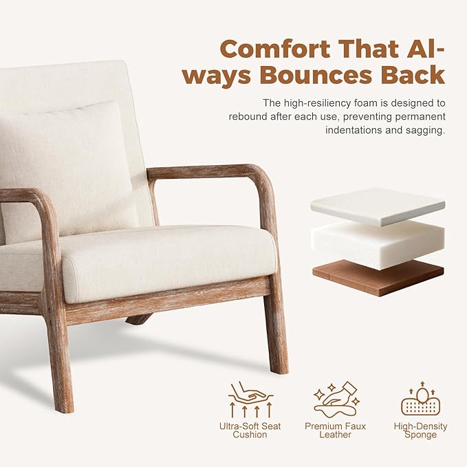 ELUCHANG Mid-Century Modern Chair,Accent Chair with Lumbar Pillow,Upholstered Armchair,Linen Fabric Comfy Reading Chair Beige, Linen, New Armrest, Set of 2