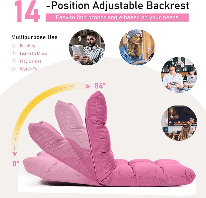 COSTWAY Floor Chair, Folding Gaming Chair with Back Support, 14 Adjustable Positions, Alloy Steel Frame, Lazy Sofa Lounge for Playing Reading Meditating Room Recliner for Adults, Kids (Pink)