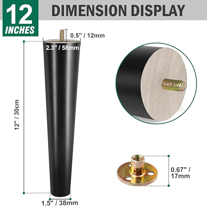 FoDau770 Black Rubber Wood Furniture Legs 12 Inches, Straight Tapered Wood Feet Mid Century Sofa Legs Set of 4, 5/16" UNC Furniture Feet for Cabinet Couch Dresser Chair Ottoman Table