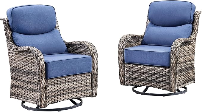 Pugire Luxury Outdoor Swivel Rocker Patio Chairs Set of 2 with 6-Inch Thick Cushions, High Back Swivel Patio Chairs Wicker Outdoor Gliders for Porch, Yard, Deck, Poolside, Grey/Blue