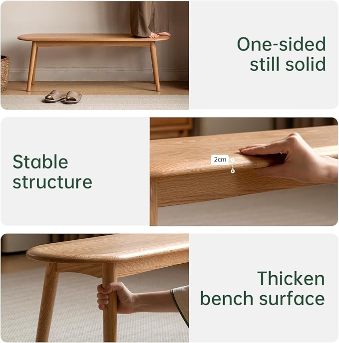 Vadisun 100% Solid Oak Wood Dining Bench, 39.5'' Entryway Bench Ottoman End of Bed Benches with Rounding Corner Design for Kitchen Dining Room Living Room Bedroom, Natural