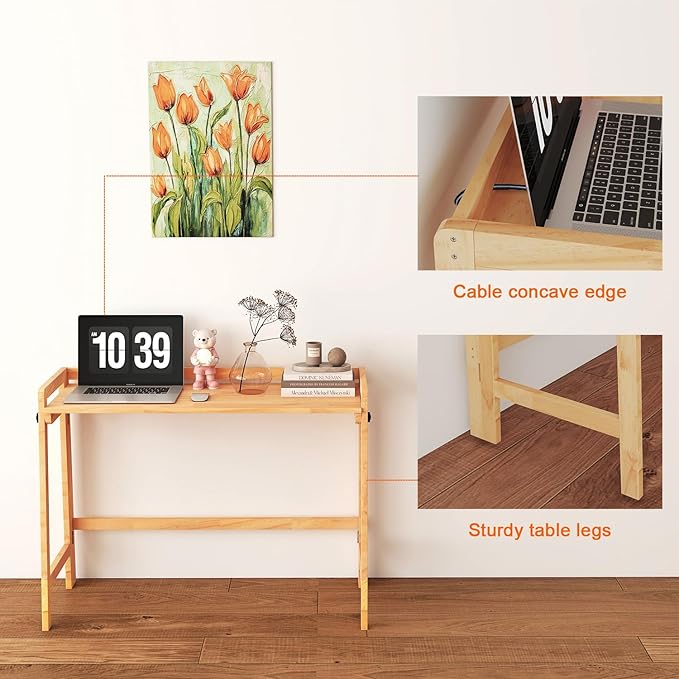 39" Solid Wood Folding Desk - Mid Century Modern Compact Workstation for Small Spaces, Home Office Computer Writing Study Desk with Natural Wood Finish
