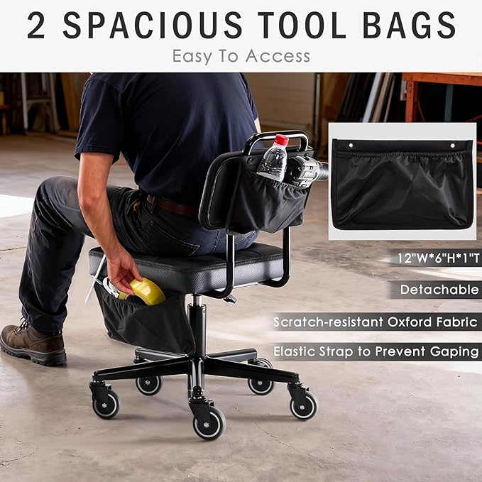 WUDOYO Adjustable Rolling Shop Stool with Tool Bags, Black Padded Seat, TPE Wheels, Real Backrest, Easy Handrail (Bending Work Seat Height(16-21"))