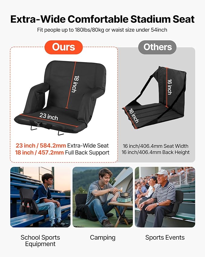 VEVOR Stadium Seat, 6 Adjustable Angle Bleacher Chair, 2.9'' Cushion Stadium Seat with Back Support and Armrest, Wide Bleacher Chair with Hook Pocket Cupholder for Picnics, Beach Sports, and Gaming