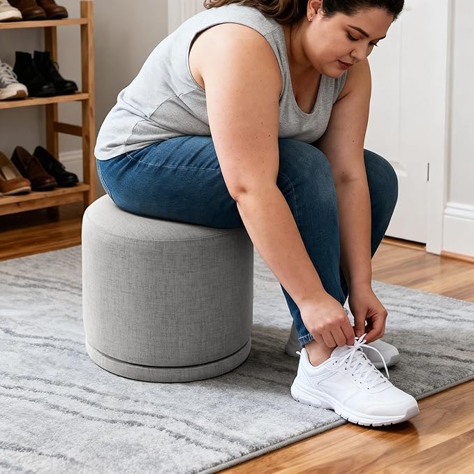 Round Pouf Ottoman & Swivel Foot Rest,Linen Vanity Stool-Upholstered Floor Chair,Footstool with Sturdy Acacia Wood Frame(500lbs),Small Coffee Table Ottoman for Living Room,Bedroom