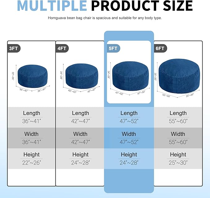 Homguava 5 FT Bean Bag Chair,5' Big Bean Bag,Giant Bean Bag Chairs for Adults with Memory Foam Filled,Comfy Large Beanbag Chairs Soft Bean Bag Sofa with Dutch Corded Plush Cover-Blue