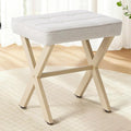 Sweetcrispy Vanity Stool Ottoman, Square Linen Makeup Stool Metal X Legs, Small Footstool Chair for Vanity, Modern Padded Seat Foot Rest for Makeup Room, Bathroom,Living Room, Entryway, Beige