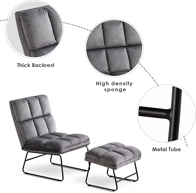 MCombo Velvet Accent Chair with Ottoman Set, Modern Armless Chair for Living Room, Bedroom, Small Spaces, Fabric 0014 (Dark Grey)