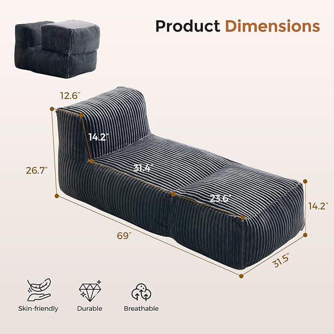 Bean Bag Chair, Giant Bean Bag Chairs for Adults, Comfy Corduroy Boneless Chair, Memory Foam Filled Bean Bag Sofa for Living Room, Bedroom, Balcony, Grey