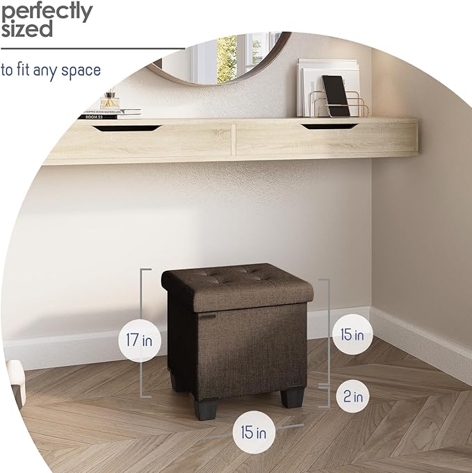 Storage Ottoman Cube with Small Bin, 16-in Square Ottoman with Storage for Living Room and Bedroom, Small Ottomans Foot Rest, Fabric Foot Stools Ottomans Max 330lbs, Brown