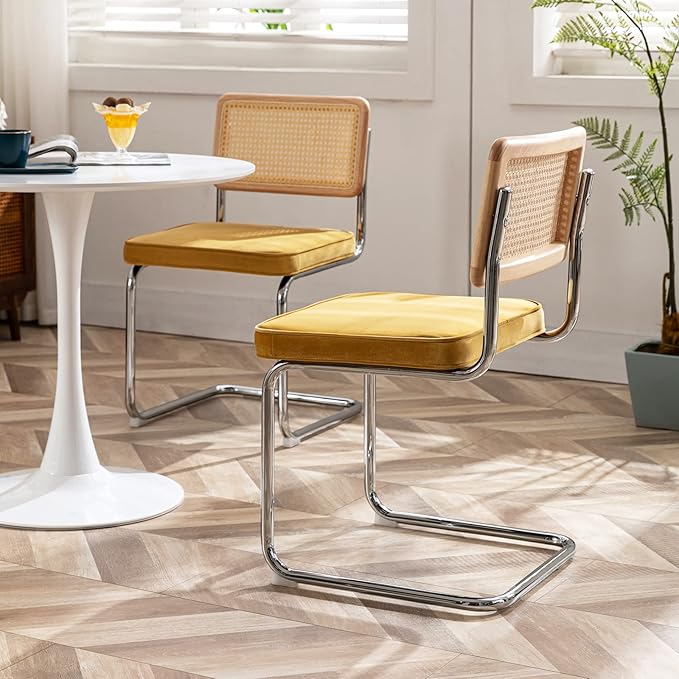 Zesthouse Dining Chairs Set of 4, Natural Rattan Accent Chairs with Solid Wood Back & Stainless Chrome Base, Mid Century Modern Breuer Design Inspired, Upholstered Velvet Kitchen Chairs, Yellow