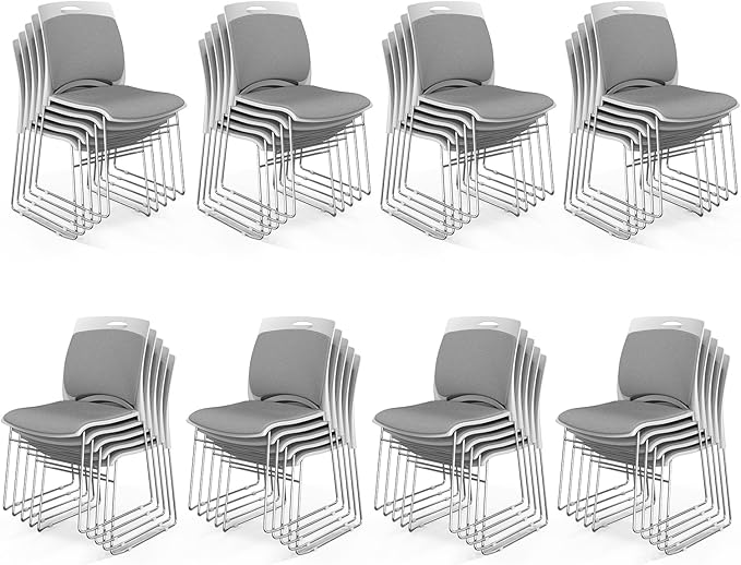 VINGLI Stackable Chairs Set of 40, Stacking Office Chairs with Metal Sled Base, Ergonomic Plastic Padded Seat & Back, Capacity 350lbs, Stacking Chairs for Waiting Room Break Room Banquet Guest, Gray