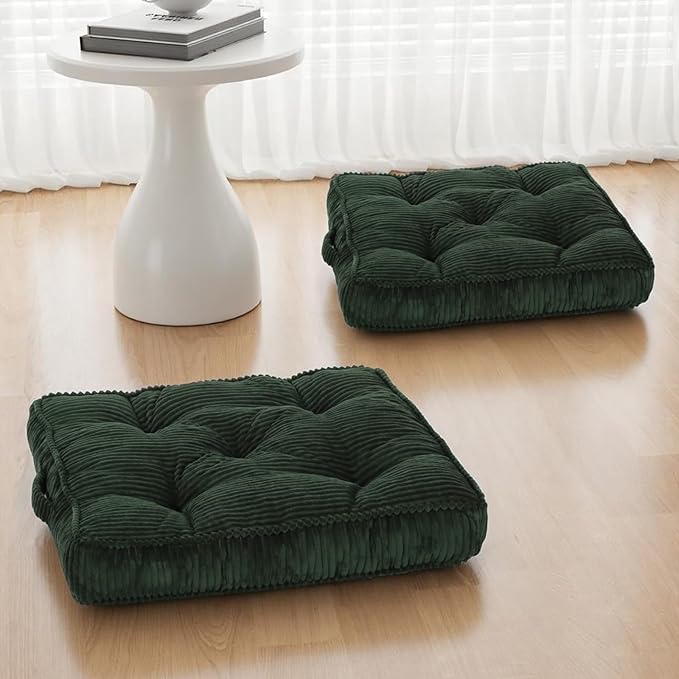 PRIMEPATIO Square Floor Pillow for Adults, Tufted Floor Cushion for Sitting, Large Meditation Cushion, Thick Corduroy Seat with Handle, Tatami Seating for Yoga, 24x24 Inch Green, 2Pack