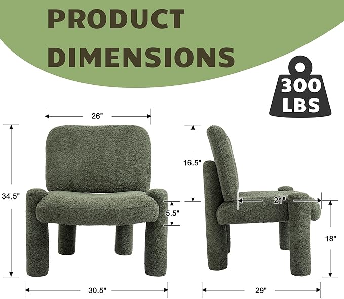 Wahson Modern Green Accent Chair, Chenille Fabric Upholstered Single Sofa with Padded Back & Solid Wood Legs, Comfy Reading Chair Side Chair for Living Room/Bedroom/Corner, Areless