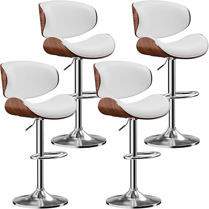 Aowos Bar Stools Set of 4, Adjustable Swivel Leather Bar Stools for Kitchen Island, Mid Century Modern Counter Height Bar Chairs Barstools with Back & Footrest (White)